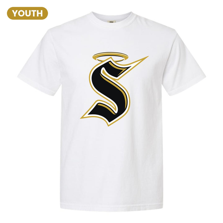 Berks Catholic Saints Halo S youth comfort colors t-shirt in White: the big halo S monogram