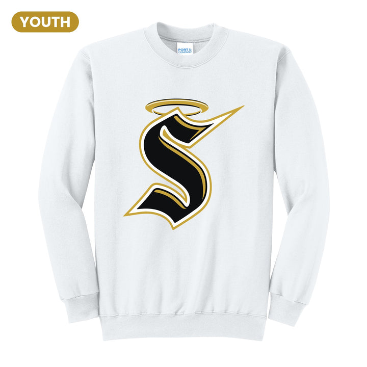 Berks Catholic Saints Halo S youth crewneck sweatshirt in White: the big halo S monogram