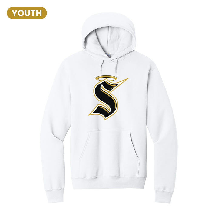 Berks Catholic Saints Halo S youth hoodie in White: the big halo S monogram