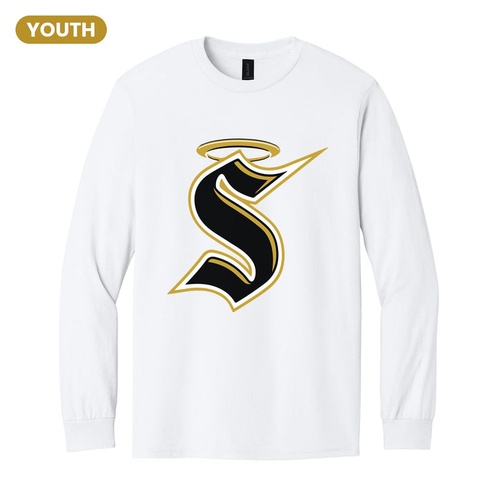 Berks Catholic Saints Halo S youth long sleeve t-shirt in White: the big halo S monogram