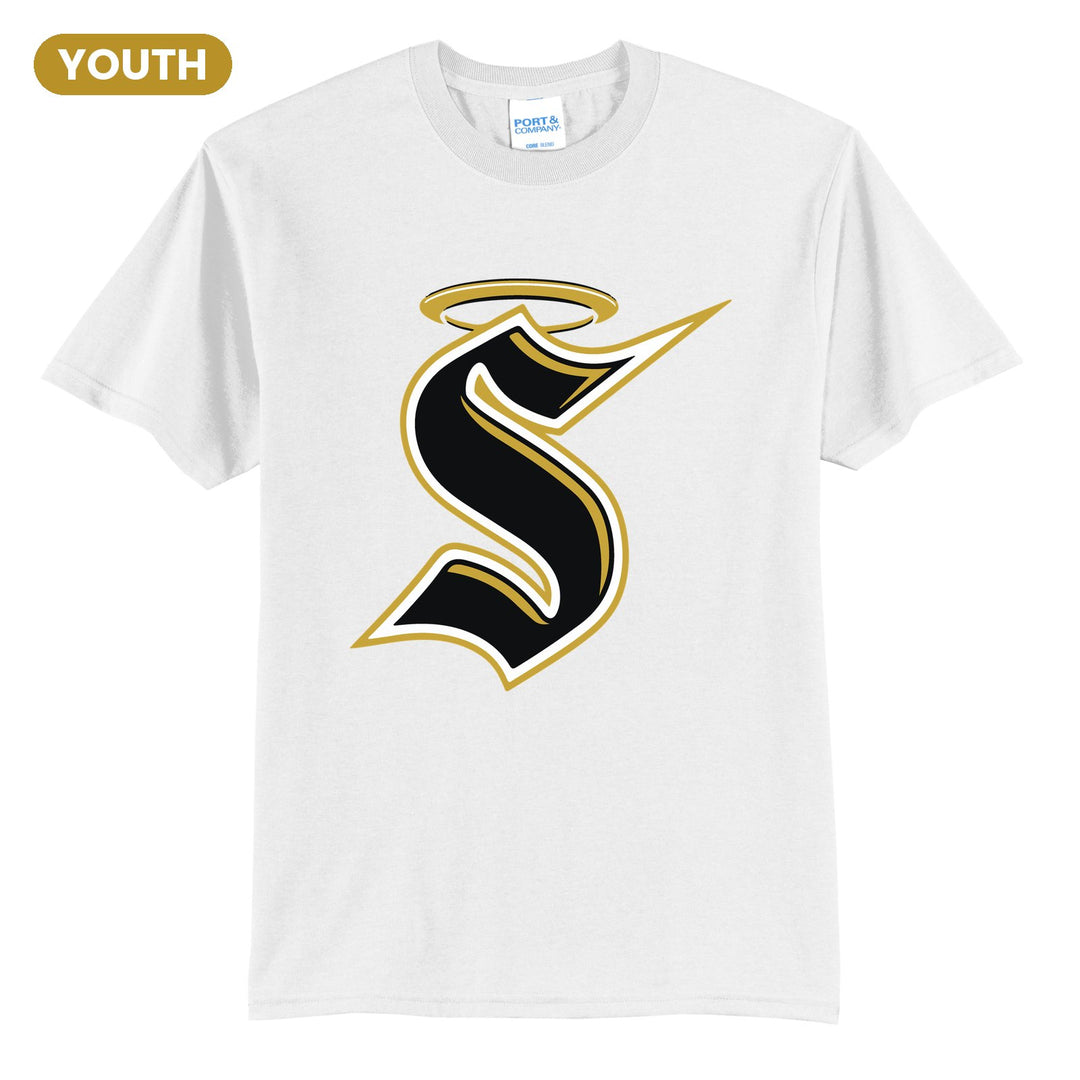 Berks Catholic Saints Halo S youth t-shirt in White: the big halo S monogram