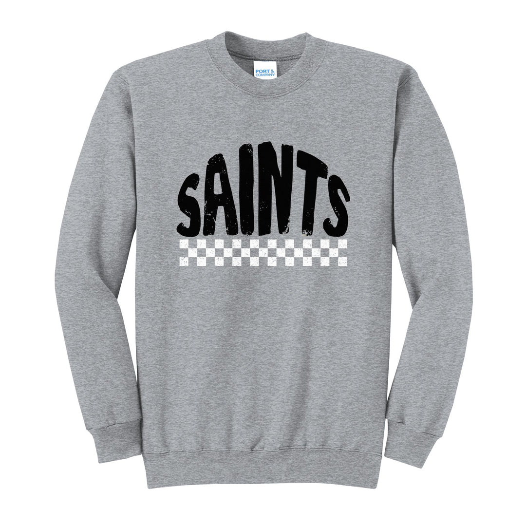 Berks Catholic Saints Checkered crewneck sweatshirt in Athletic Heather: distressed SAINTS lettering over a checkerboard band