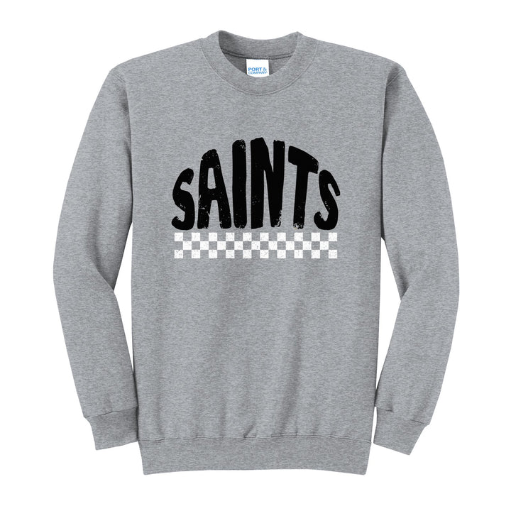 Berks Catholic Saints Checkered crewneck sweatshirt in Athletic Heather: distressed SAINTS lettering over a checkerboard band