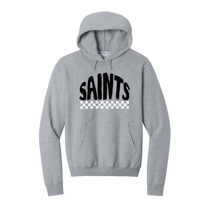Berks Catholic Saints Checkered hoodie in Athletic Heather: distressed SAINTS lettering over a checkerboard band