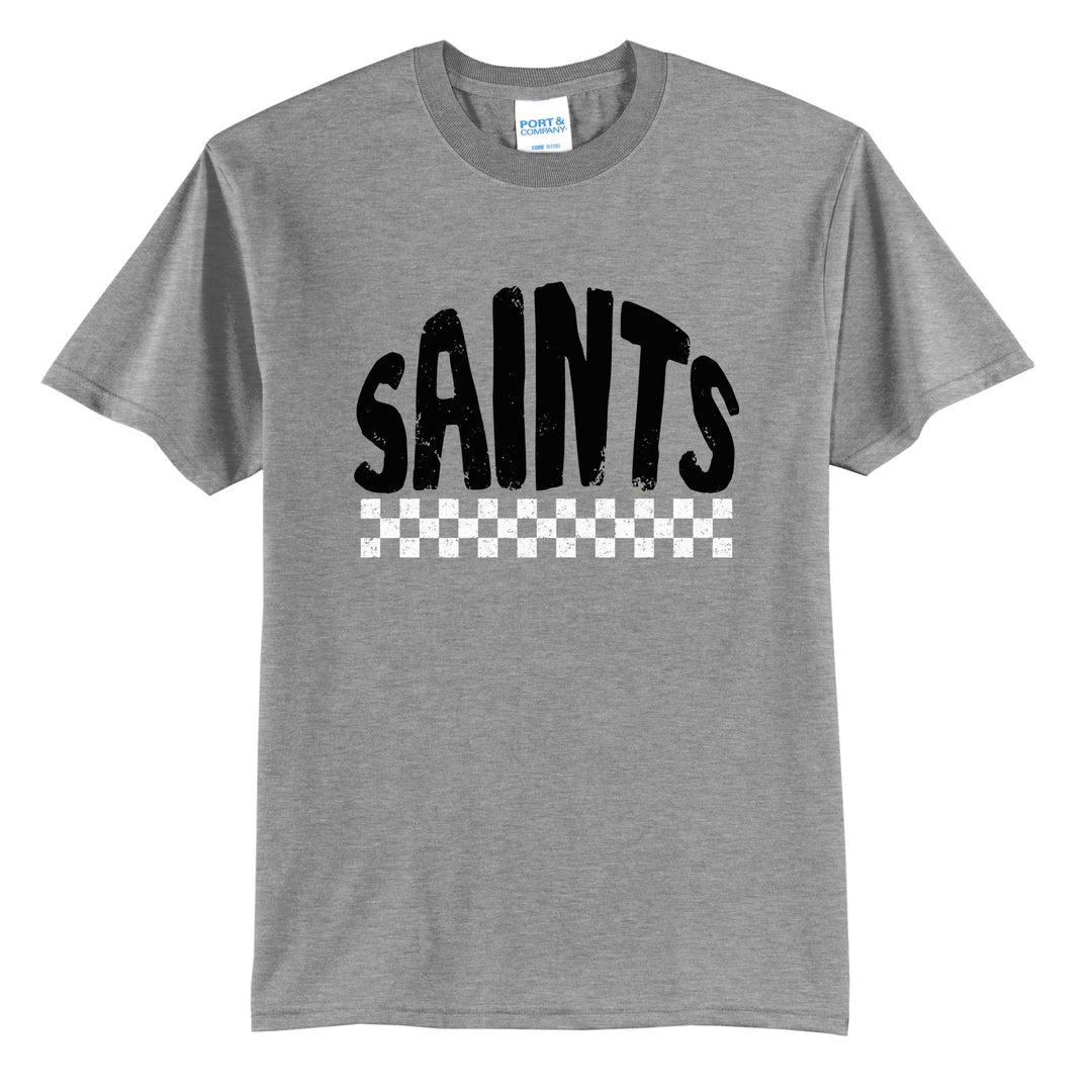 Berks Catholic Saints Checkered t-shirt in Athletic Heather: distressed SAINTS lettering over a checkerboard band