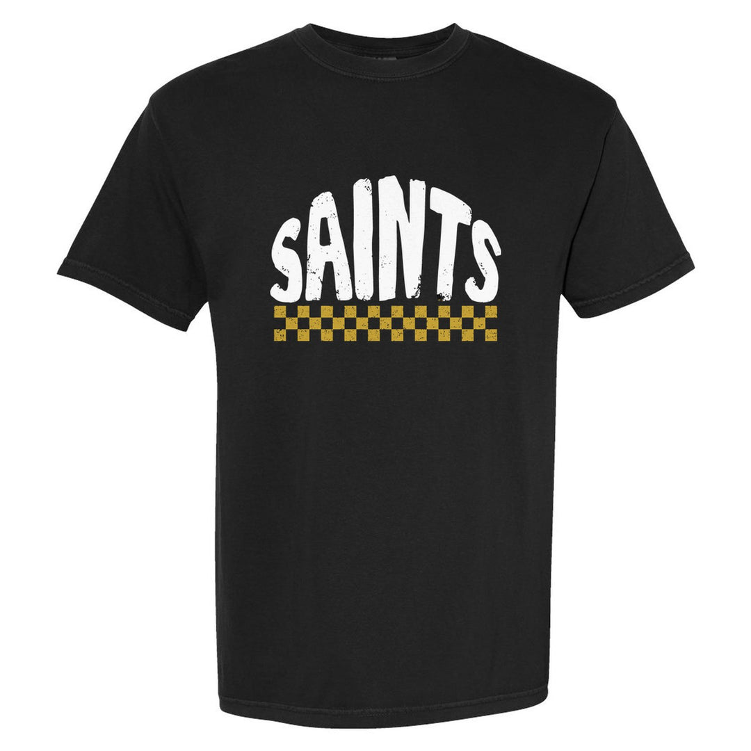 Berks Catholic Saints Checkered comfort colors t-shirt in Black: distressed SAINTS lettering over a checkerboard band