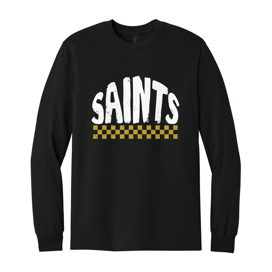 Berks Catholic Saints Checkered long sleeve t-shirt in Black: distressed SAINTS lettering over a checkerboard band