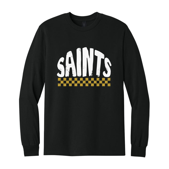 Berks Catholic Saints Checkered long sleeve t-shirt in Black: distressed SAINTS lettering over a checkerboard band