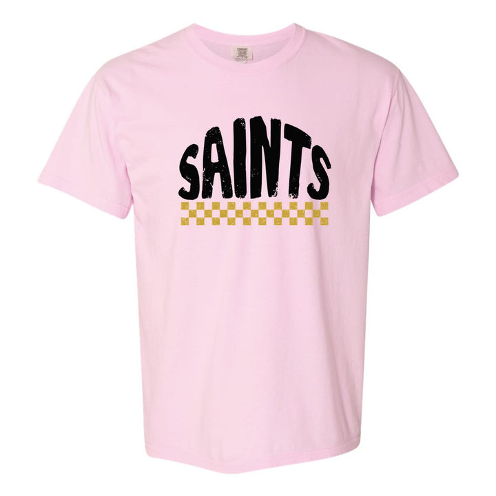 Berks Catholic Saints Checkered comfort colors t-shirt in Blossom: distressed SAINTS lettering over a checkerboard band