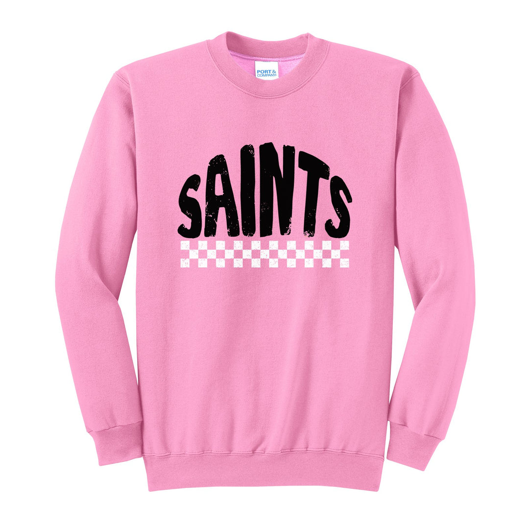 Berks Catholic Saints Checkered crewneck sweatshirt in Candy Pink: distressed SAINTS lettering over a checkerboard band