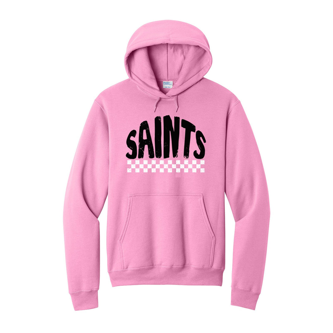 Berks Catholic Saints Checkered hoodie in Candy Pink: distressed SAINTS lettering over a checkerboard band
