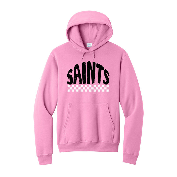 Berks Catholic Saints Checkered hoodie in Candy Pink: distressed SAINTS lettering over a checkerboard band