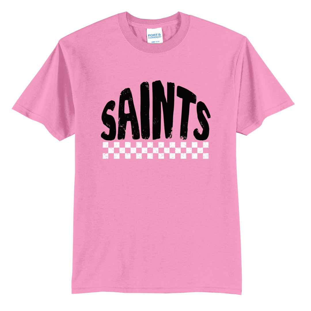 Berks Catholic Saints Checkered t-shirt in Candy Pink: distressed SAINTS lettering over a checkerboard band