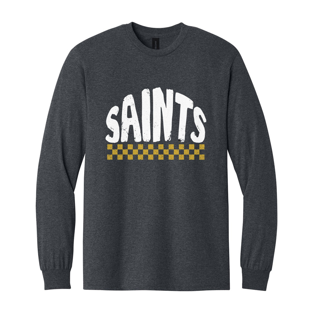 Berks Catholic Saints Checkered long sleeve t-shirt in Dark Heather: distressed SAINTS lettering over a checkerboard band