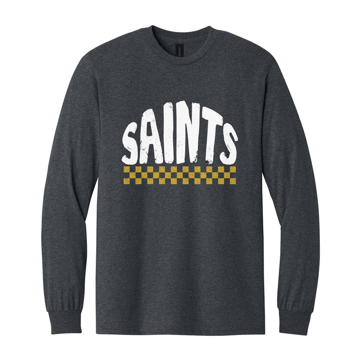 Berks Catholic Saints Checkered long sleeve t-shirt in Dark Heather: distressed SAINTS lettering over a checkerboard band