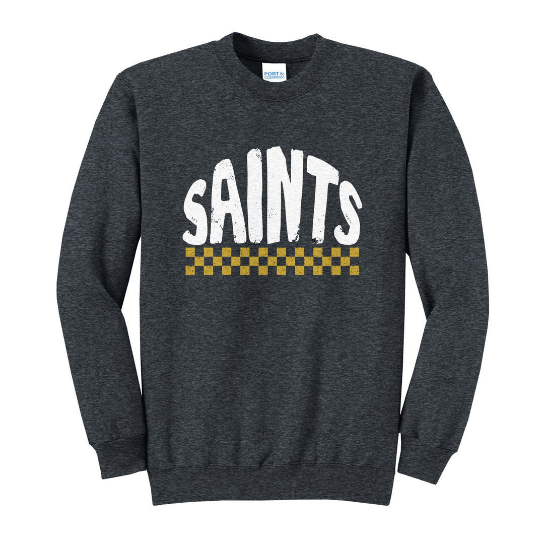 Berks Catholic Saints Checkered crewneck sweatshirt in Dark Heather Grey: distressed SAINTS lettering over a checkerboard band