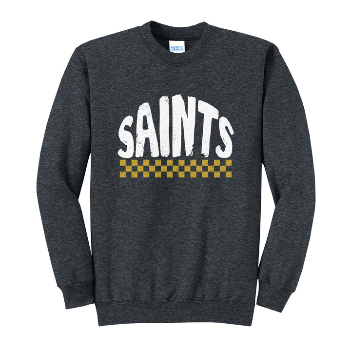 Berks Catholic Saints Checkered crewneck sweatshirt in Dark Heather Grey: distressed SAINTS lettering over a checkerboard band