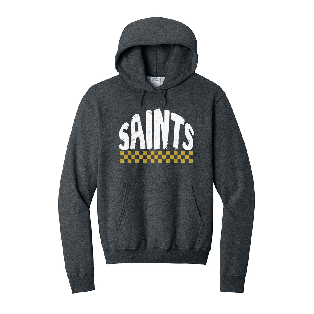 Berks Catholic Saints Checkered hoodie in Dark Heather Grey: distressed SAINTS lettering over a checkerboard band