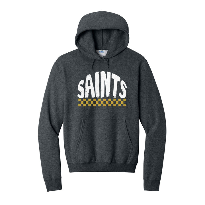 Berks Catholic Saints Checkered hoodie in Dark Heather Grey: distressed SAINTS lettering over a checkerboard band