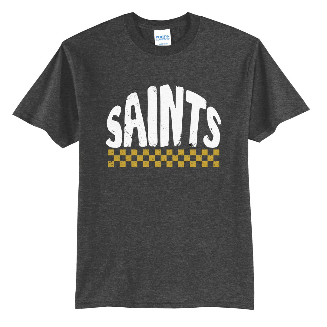 Berks Catholic Saints Checkered t-shirt in Dark Heather Grey: distressed SAINTS lettering over a checkerboard band