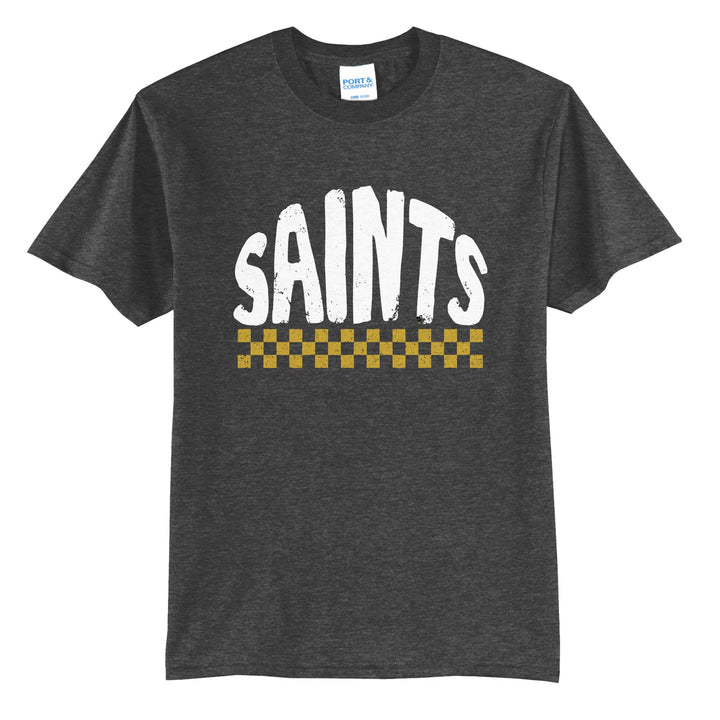 Berks Catholic Saints Checkered t-shirt in Dark Heather Grey: distressed SAINTS lettering over a checkerboard band