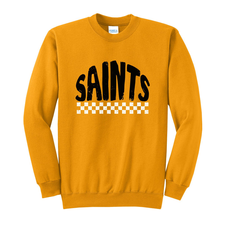 Berks Catholic Saints Checkered crewneck sweatshirt in Gold: distressed SAINTS lettering over a checkerboard band