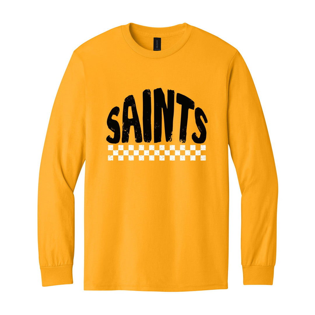 Berks Catholic Saints Checkered long sleeve t-shirt in Gold: distressed SAINTS lettering over a checkerboard band