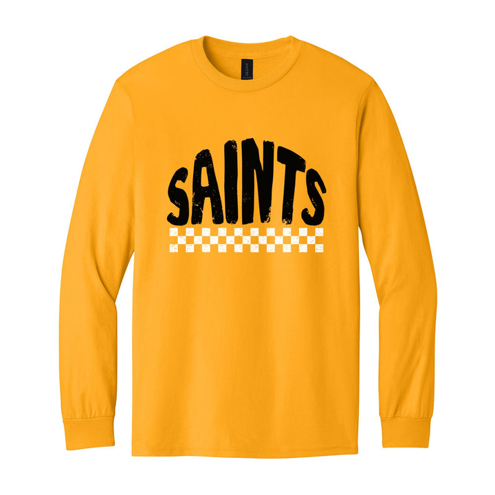 Berks Catholic Saints Checkered long sleeve t-shirt in Gold: distressed SAINTS lettering over a checkerboard band