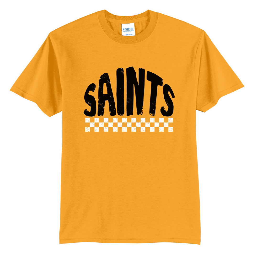 Berks Catholic Saints Checkered t-shirt in Gold: distressed SAINTS lettering over a checkerboard band