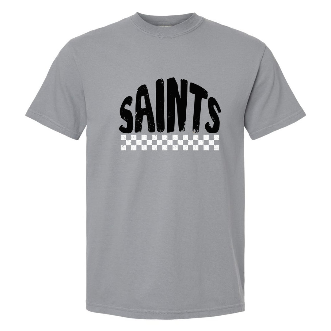 Berks Catholic Saints Checkered comfort colors t-shirt in Granite: distressed SAINTS lettering over a checkerboard band