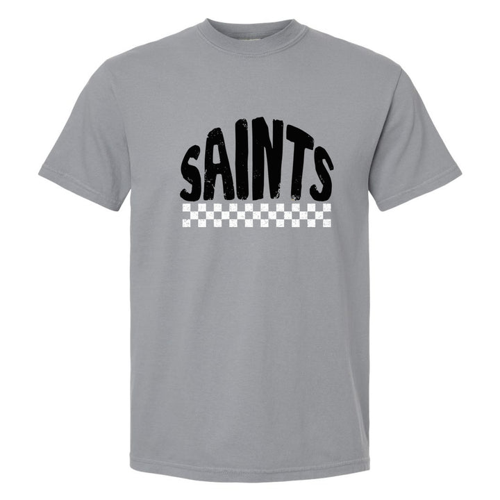 Berks Catholic Saints Checkered comfort colors t-shirt in Granite: distressed SAINTS lettering over a checkerboard band
