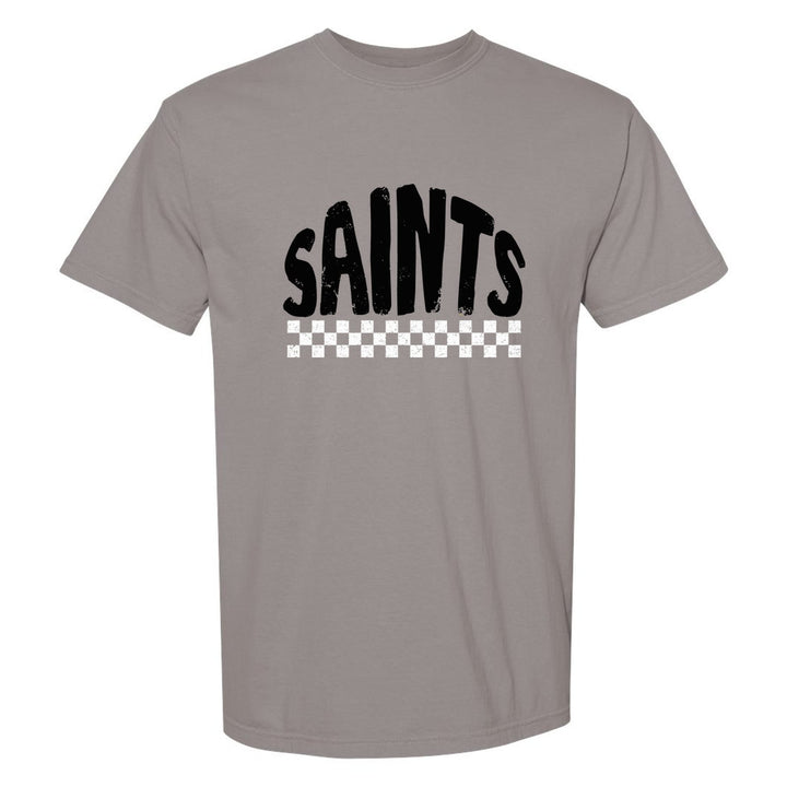 Berks Catholic Saints Checkered comfort colors t-shirt in Grey: distressed SAINTS lettering over a checkerboard band