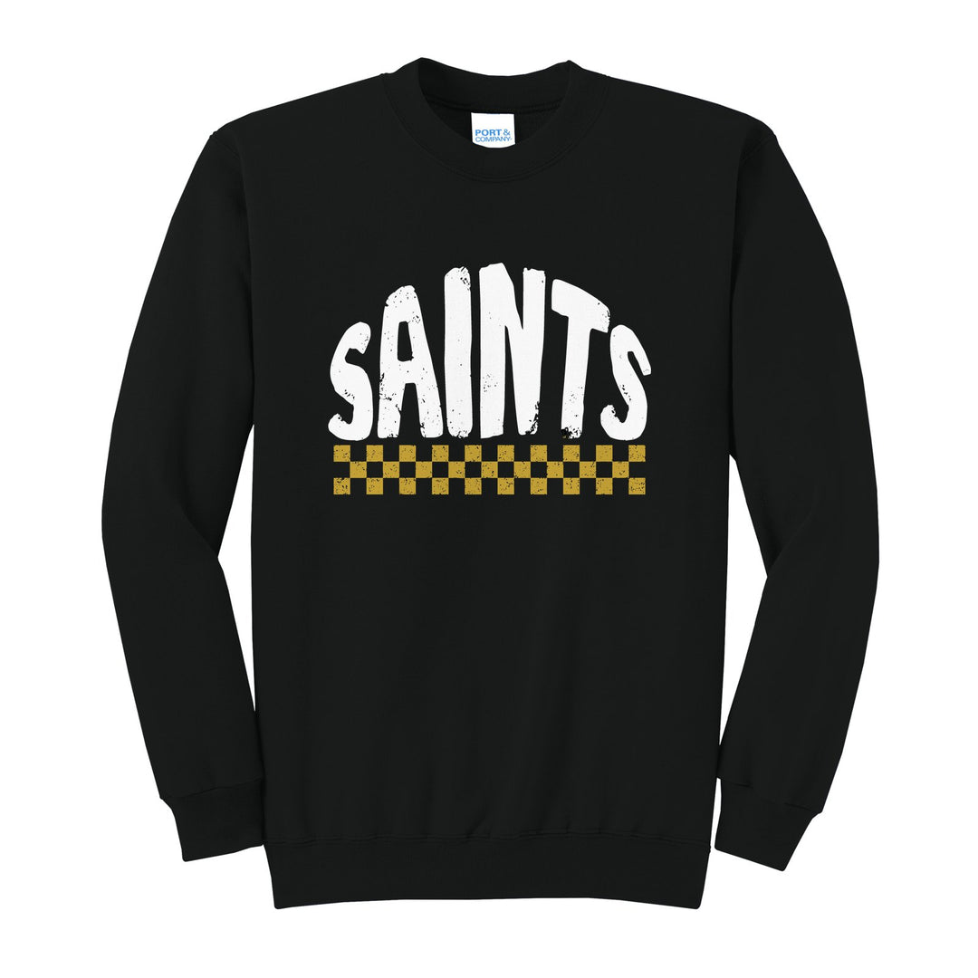 Berks Catholic Saints Checkered crewneck sweatshirt in Jet Black: distressed SAINTS lettering over a checkerboard band
