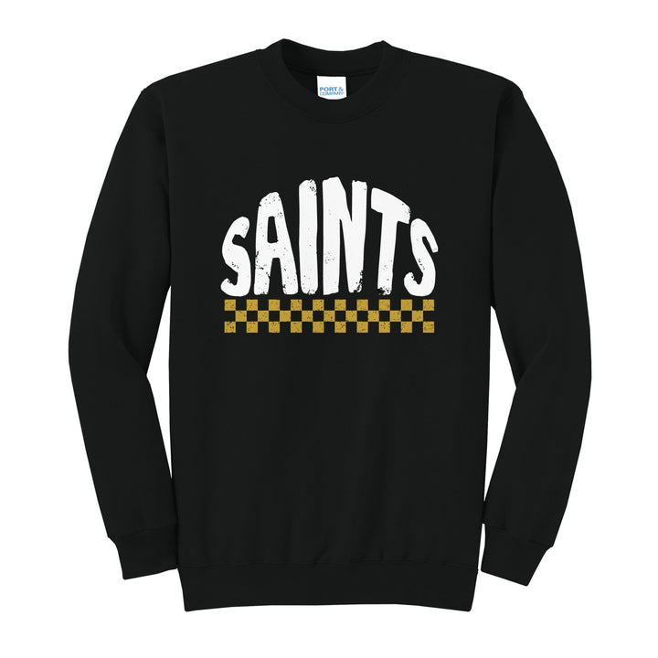 Berks Catholic Saints Checkered crewneck sweatshirt in Jet Black: distressed SAINTS lettering over a checkerboard band