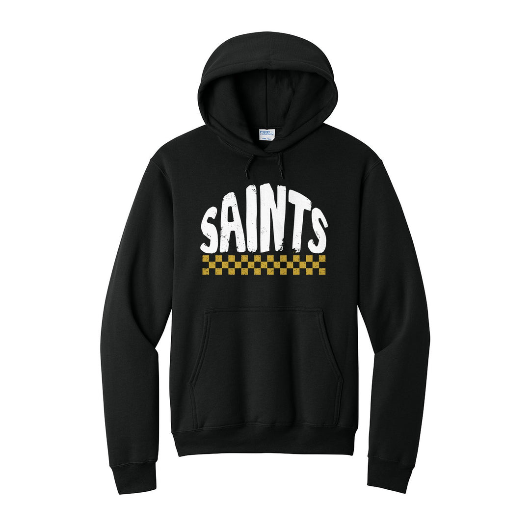 Berks Catholic Saints Checkered hoodie in Jet Black: distressed SAINTS lettering over a checkerboard band