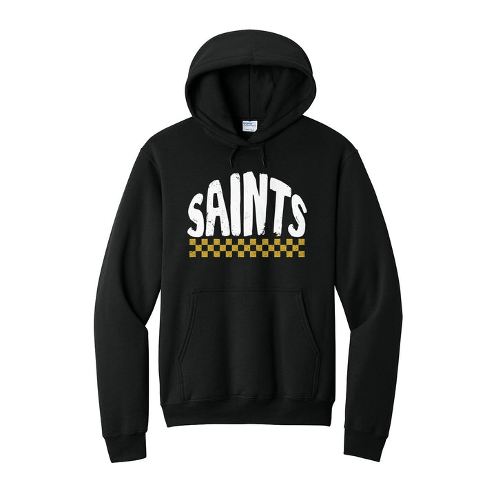 Berks Catholic Saints Checkered hoodie in Jet Black: distressed SAINTS lettering over a checkerboard band