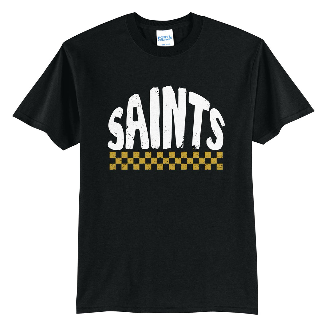 Berks Catholic Saints Checkered t-shirt in Jet Black: distressed SAINTS lettering over a checkerboard band
