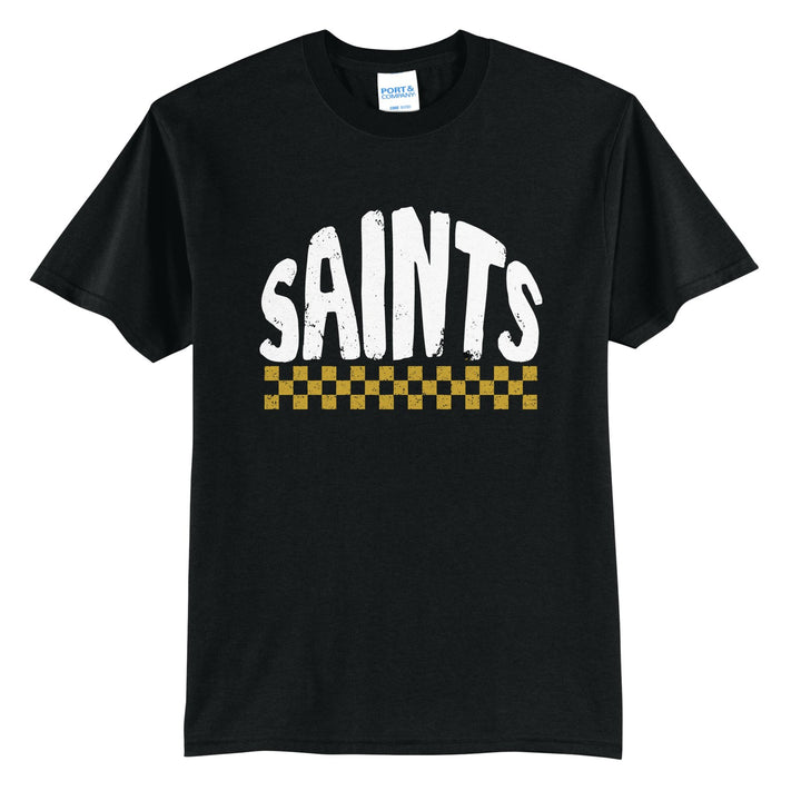 Berks Catholic Saints Checkered t-shirt in Jet Black: distressed SAINTS lettering over a checkerboard band