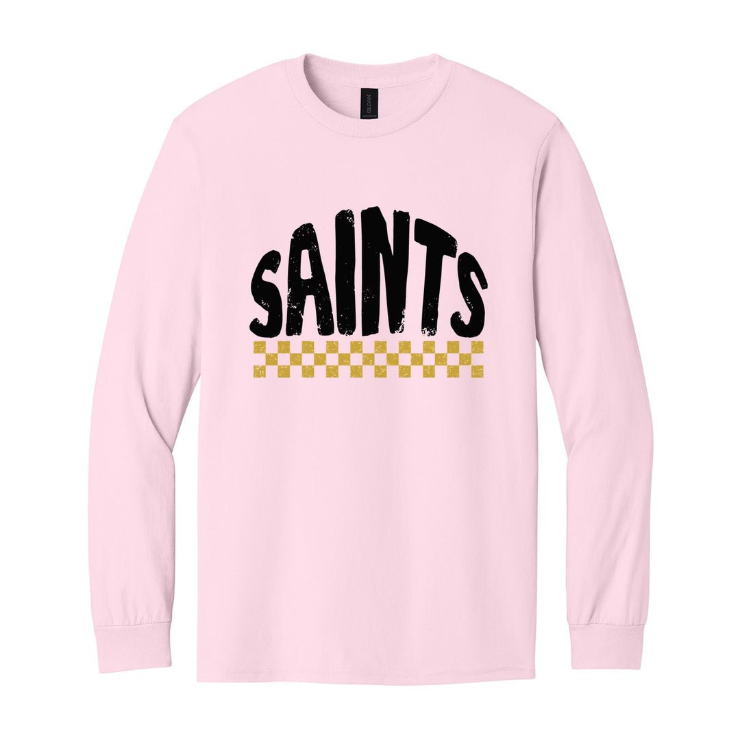 Berks Catholic Saints Checkered long sleeve t-shirt in Light Pink: distressed SAINTS lettering over a checkerboard band