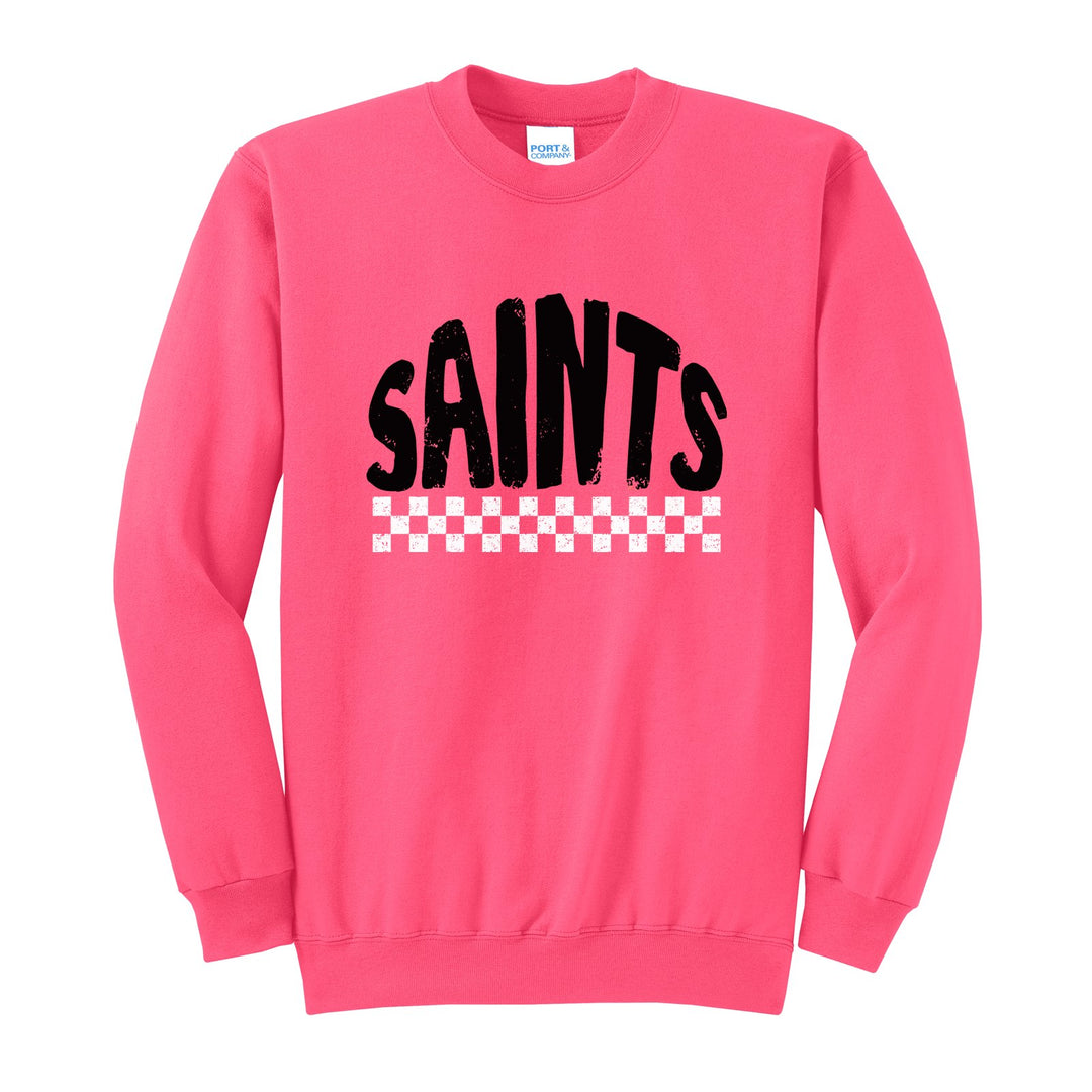Berks Catholic Saints Checkered crewneck sweatshirt in Neon Pink: distressed SAINTS lettering over a checkerboard band