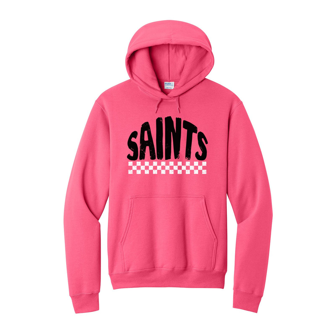 Berks Catholic Saints Checkered hoodie in Neon Pink: distressed SAINTS lettering over a checkerboard band