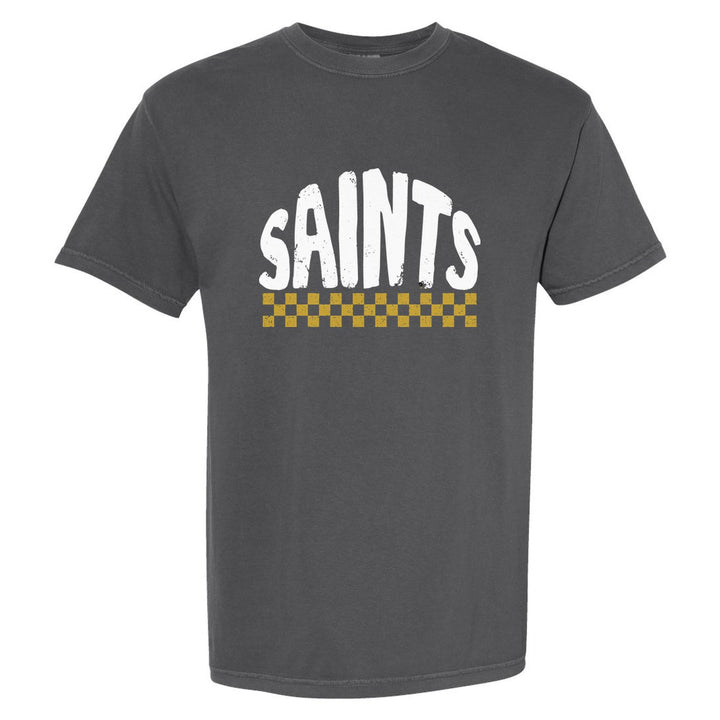 Berks Catholic Saints Checkered comfort colors t-shirt in Pepper: distressed SAINTS lettering over a checkerboard band