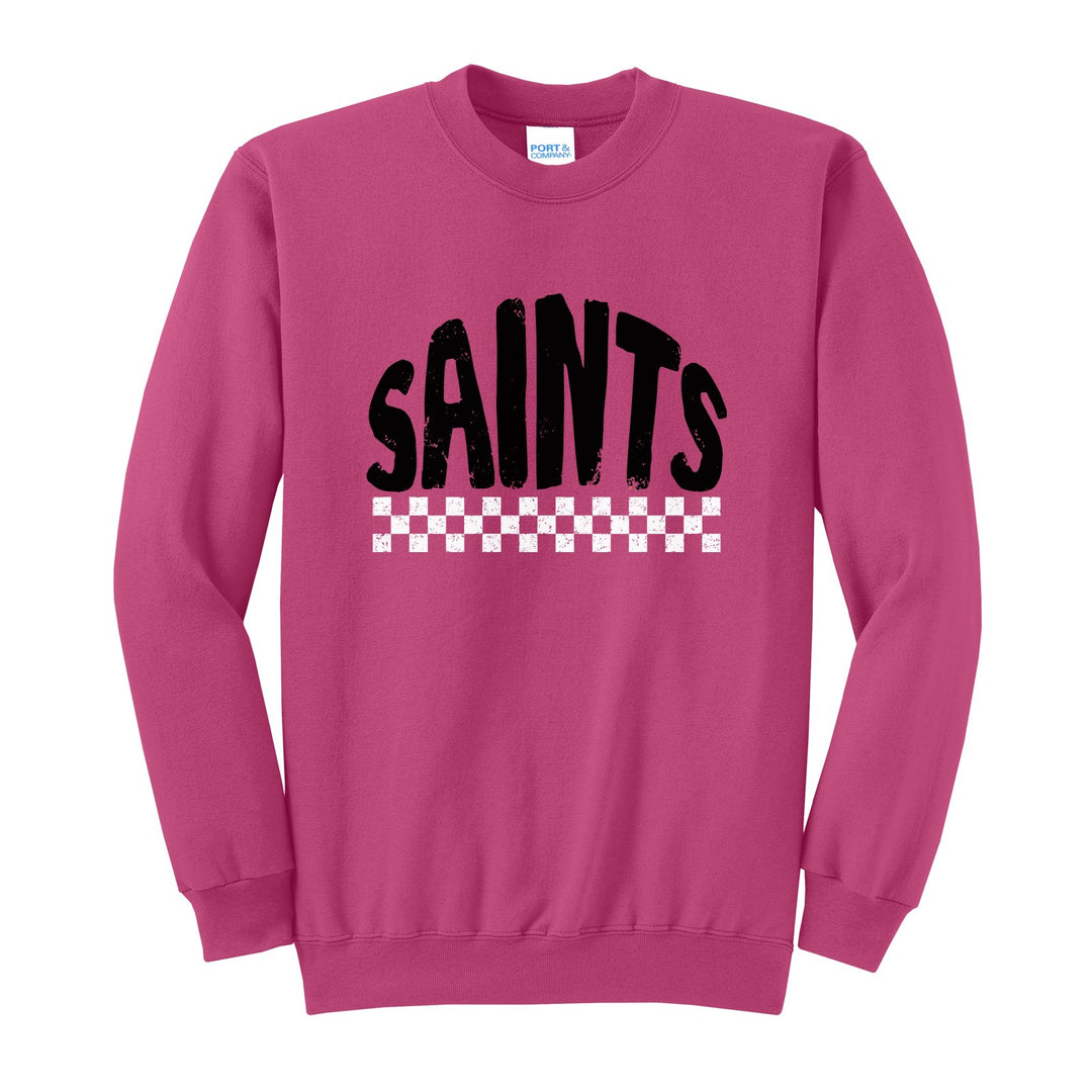 Berks Catholic Saints Checkered crewneck sweatshirt in Sangria: distressed SAINTS lettering over a checkerboard band