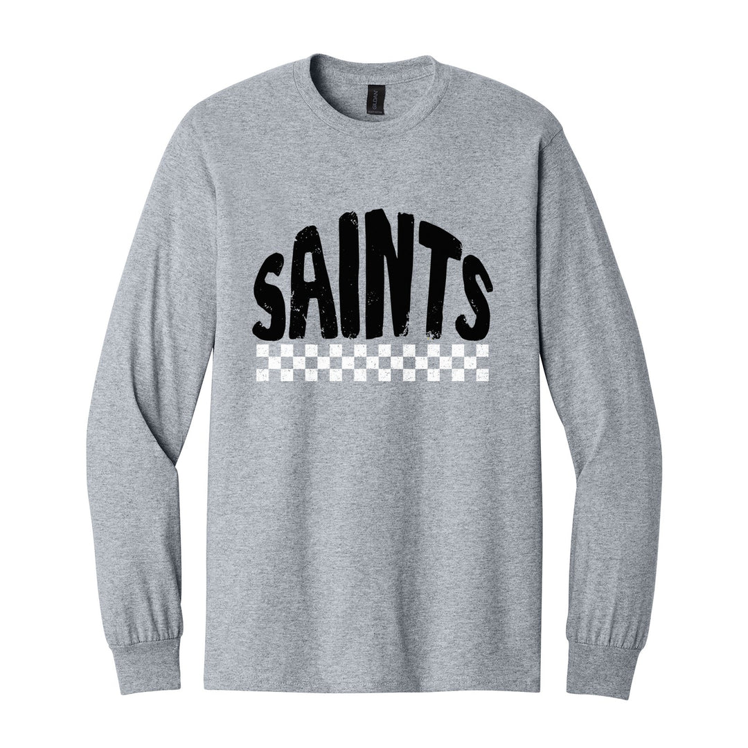 Berks Catholic Saints Checkered long sleeve t-shirt in Sport Grey: distressed SAINTS lettering over a checkerboard band