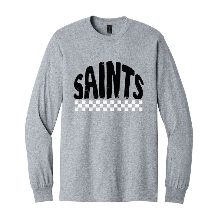 Berks Catholic Saints Checkered long sleeve t-shirt in Sport Grey: distressed SAINTS lettering over a checkerboard band