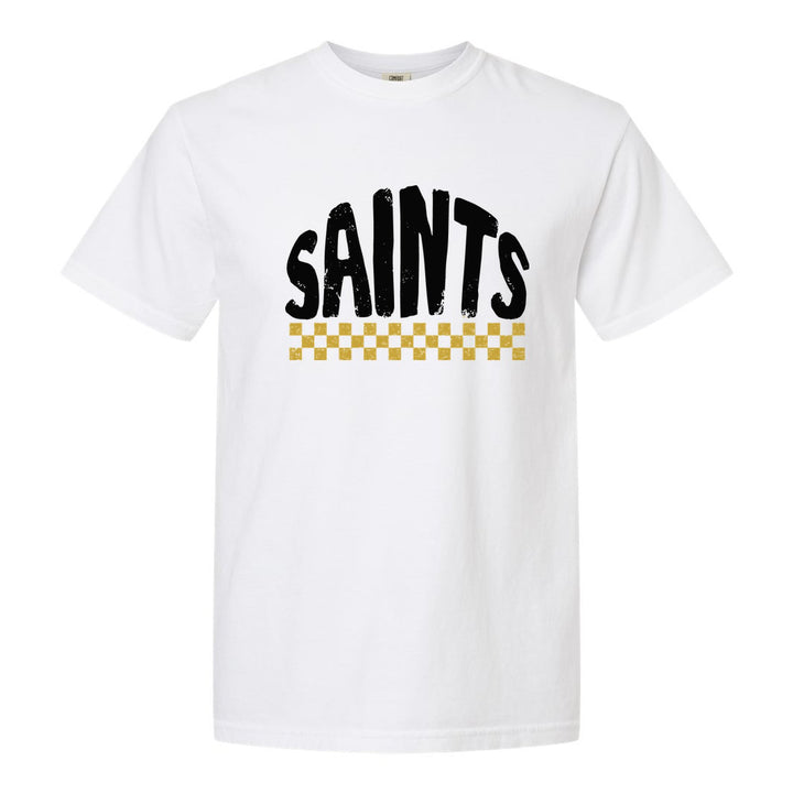 Berks Catholic Saints Checkered comfort colors t-shirt in White: distressed SAINTS lettering over a checkerboard band