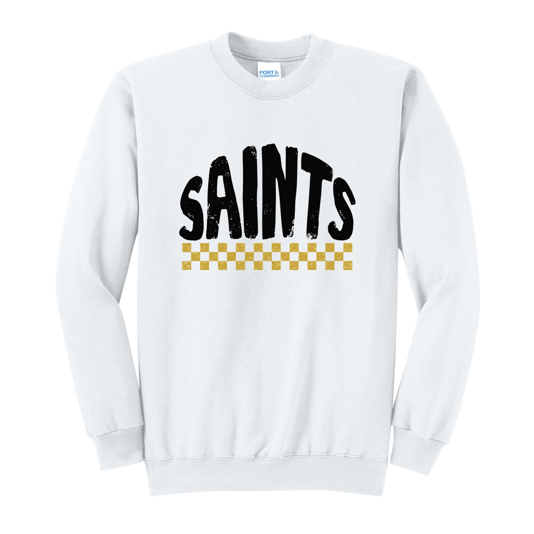 Berks Catholic Saints Checkered crewneck sweatshirt in White: distressed SAINTS lettering over a checkerboard band
