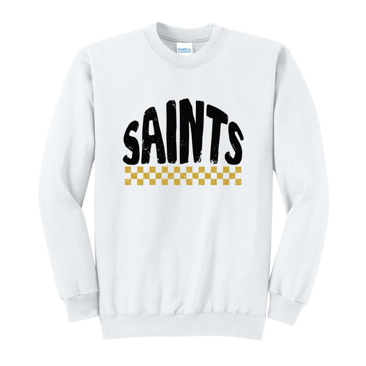 Berks Catholic Saints Checkered crewneck sweatshirt in White: distressed SAINTS lettering over a checkerboard band