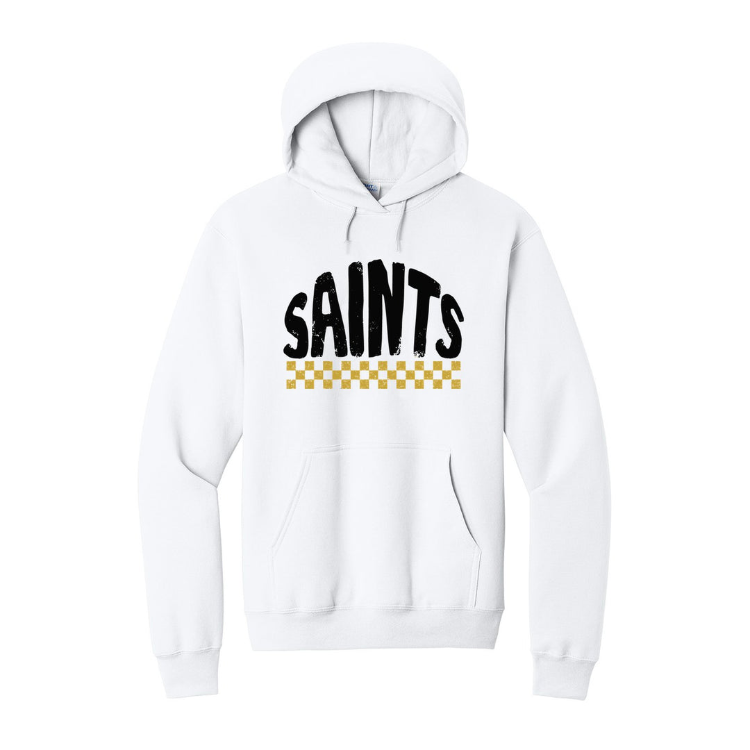 Berks Catholic Saints Checkered hoodie in White: distressed SAINTS lettering over a checkerboard band