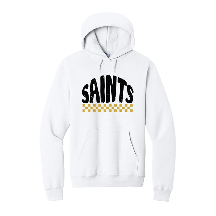 Berks Catholic Saints Checkered hoodie in White: distressed SAINTS lettering over a checkerboard band